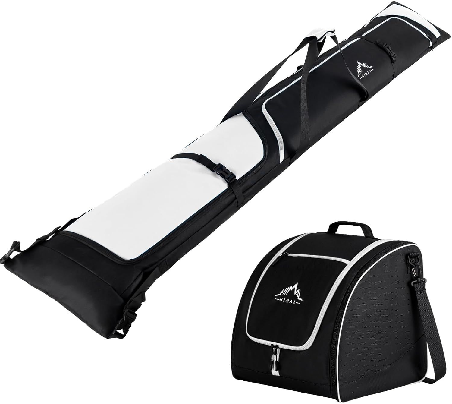 Shows the complete ski or snowboard gear storage solution, displaying both the long equipment bag and the boot/accessory bag to communicate the full product offering.