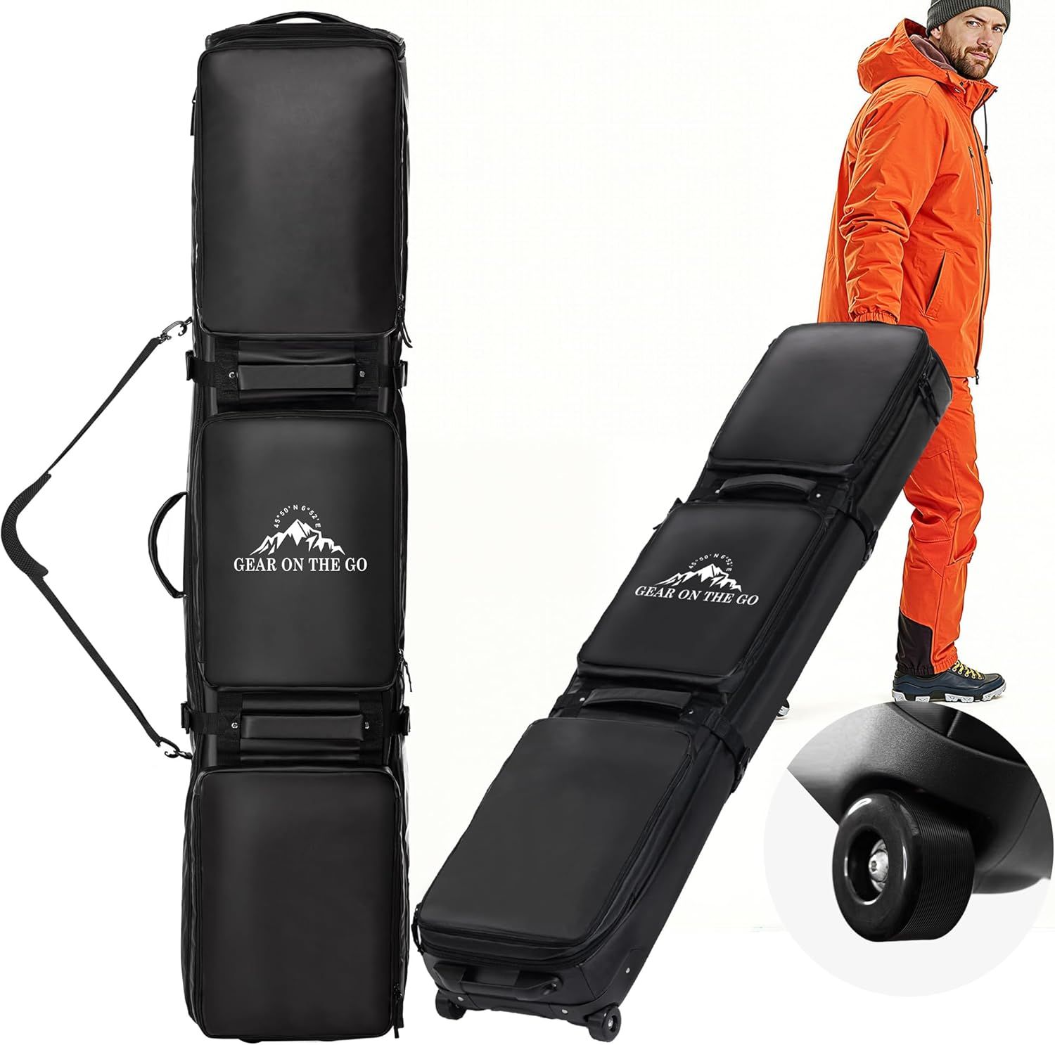 Shows a person using the wheeled ski/snowboard bag to demonstrate its portability, ease of transport, and real-world scale for travel. Demonstrates the product's key functional features including…