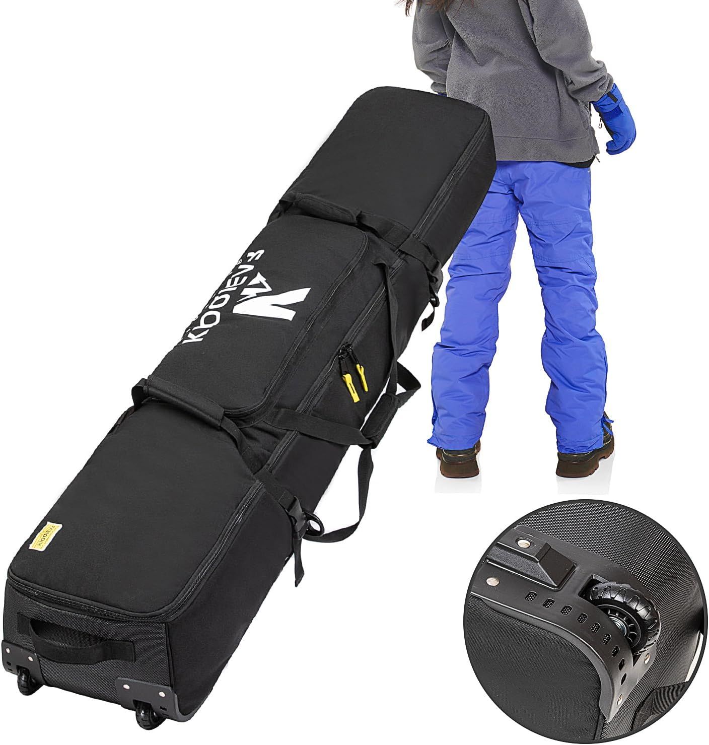 Shows a person using the snowboard bag with wheels to demonstrate its portability and ease of transport, reassuring shoppers that the bag is practical for travel. Demonstrates the bag's wheeled…