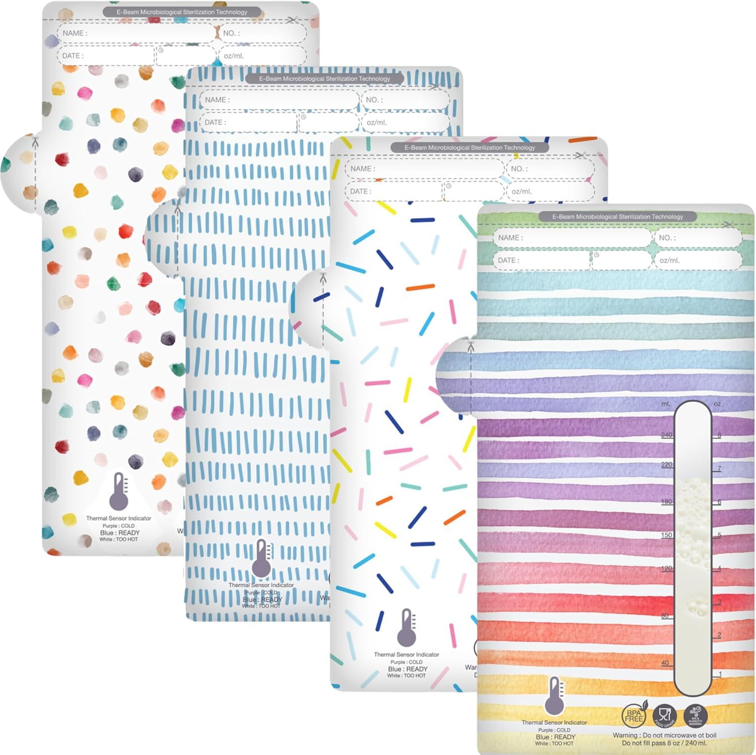 Displays the core sellable product - sterilization pouches - showing the variety of colorful patterns and designs available to appeal to different customer preferences. Shows multiple selectable…