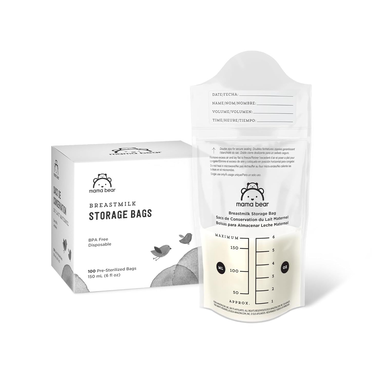 Shows the core product - breastmilk storage bags with their retail packaging - to communicate what the shopper is purchasing and its key features like volume measurement markings. Displays the…