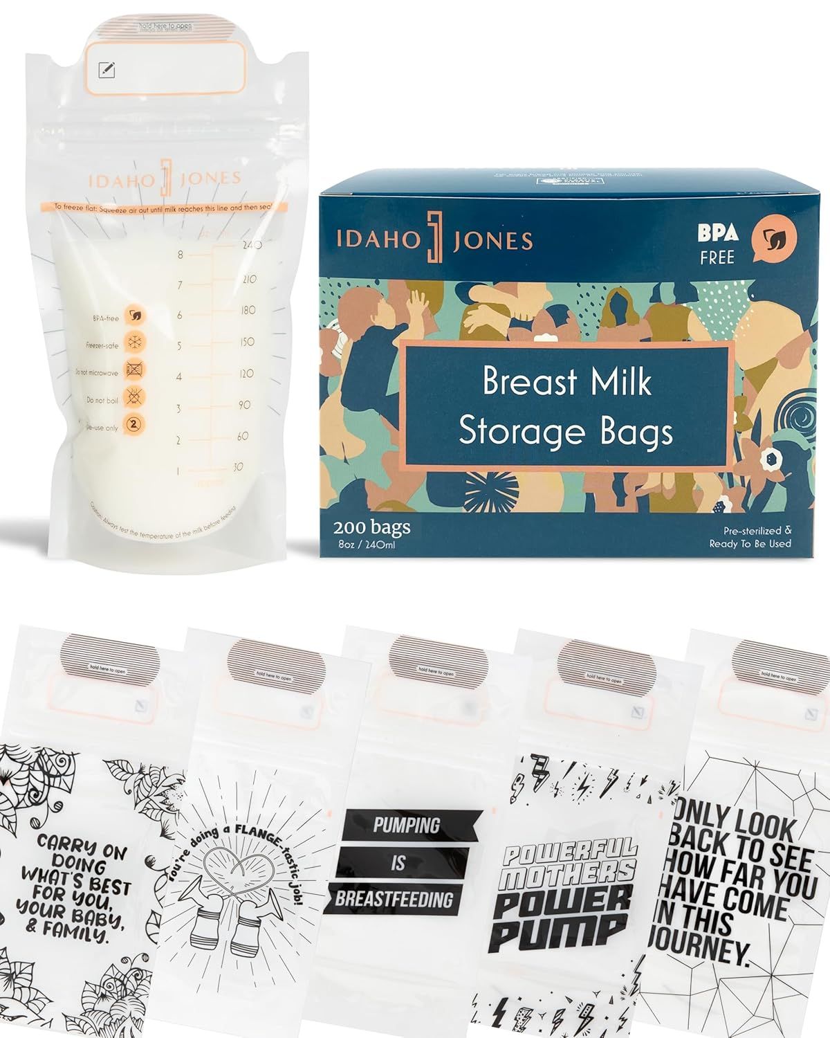 Shows the core product—breast milk storage bags with retail packaging—to communicate what the shopper is purchasing, including key features like BPA-free, pre-sterilized, and the quantity included.…