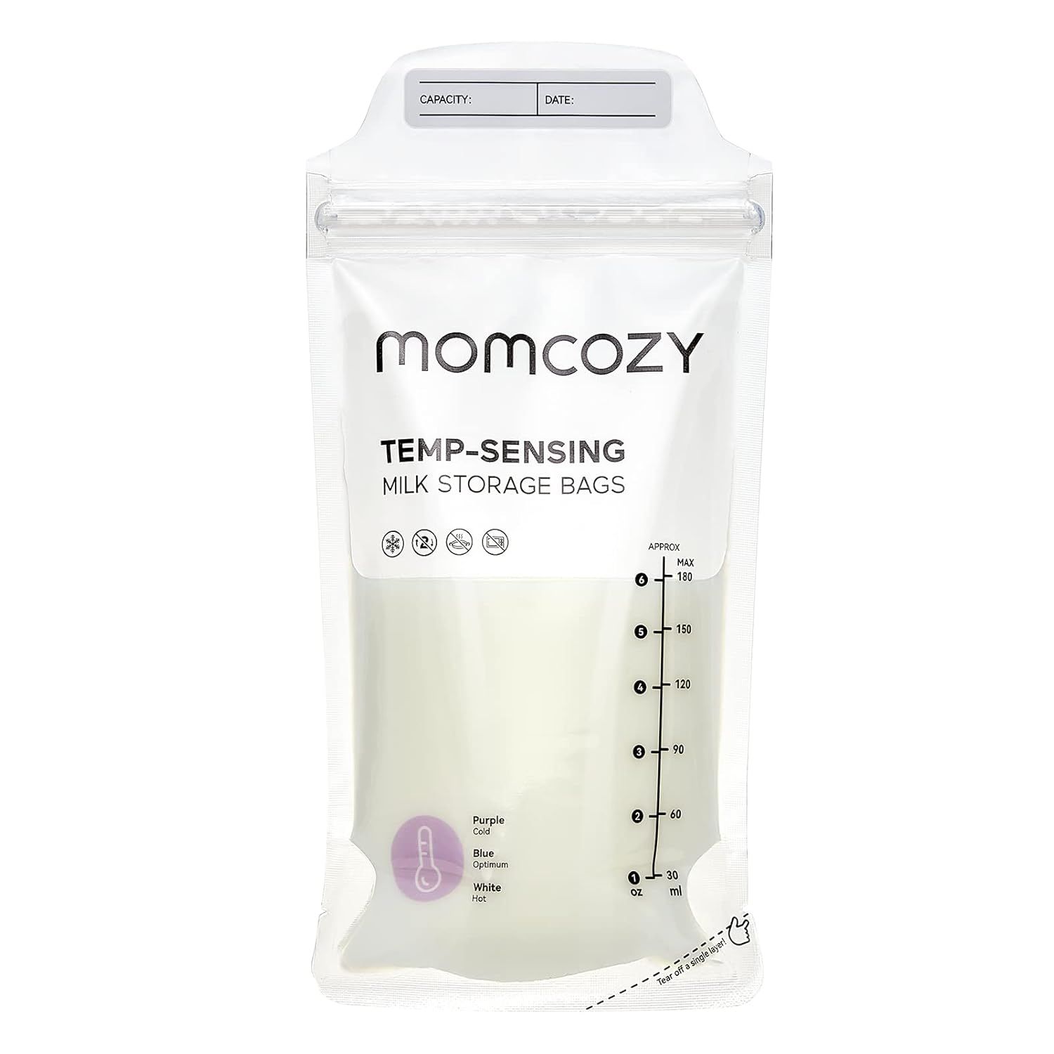 Shows the core product - a milk storage bag with temperature-sensing capability and volume measurements - to communicate its key features and functionality for storing breast milk. Demonstrates how…