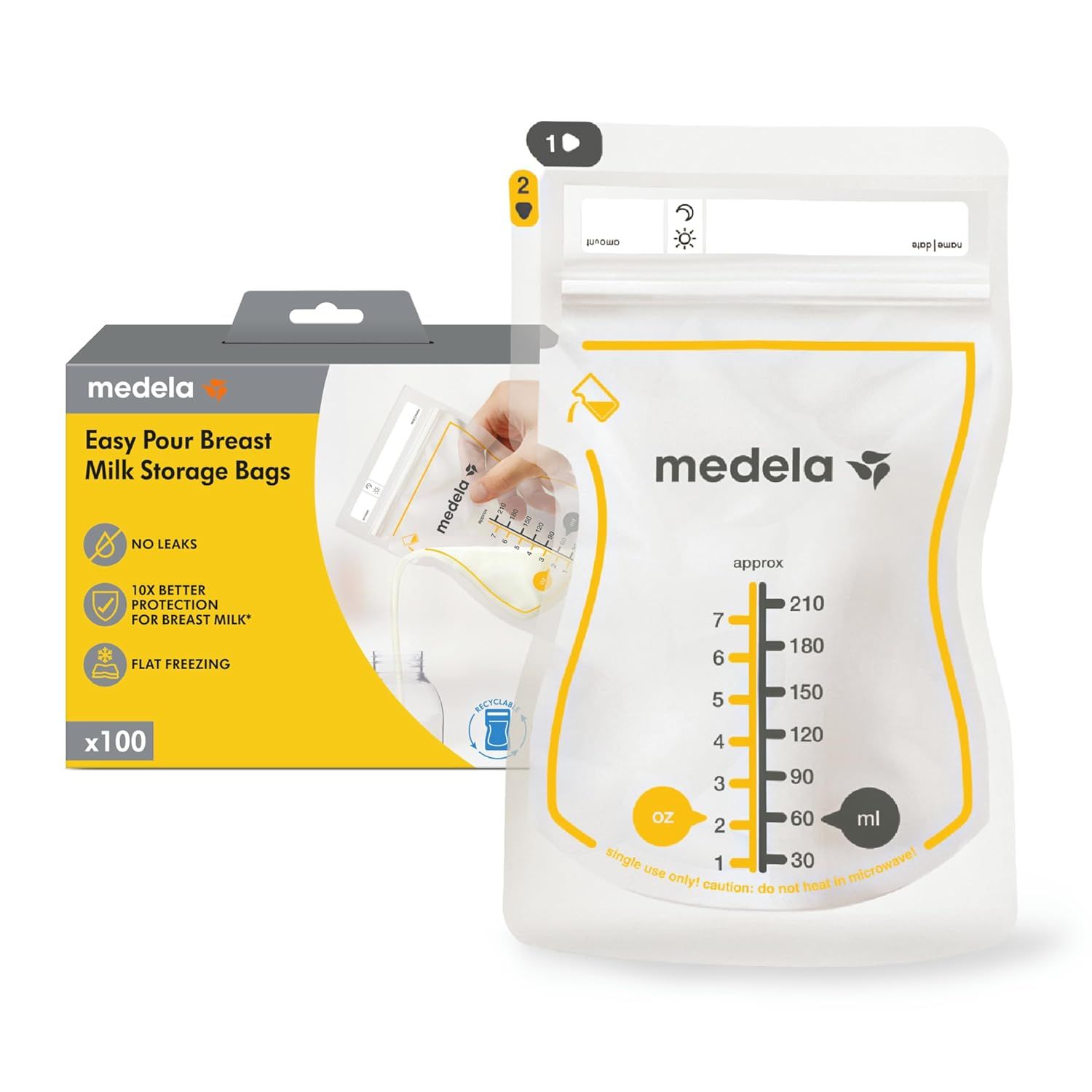 Shows the core product—Medela breast milk storage bags—with clear measurement markings to communicate capacity and functionality for nursing mothers. Displays the retail packaging alongside the…