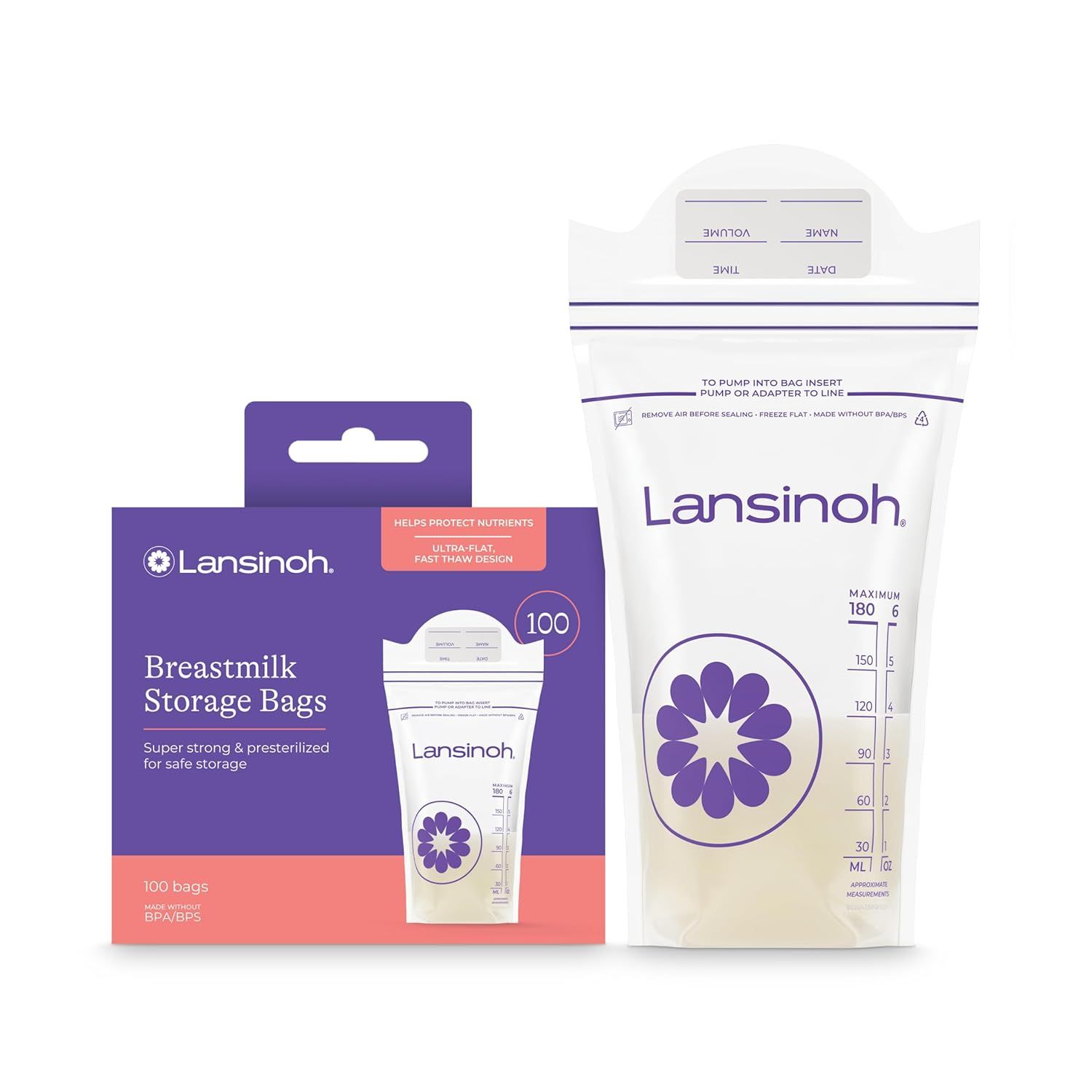 Displays the core product—Lansinoh breastmilk storage bags—showing both the retail box and an individual bag to communicate what the shopper will receive. Shows the retail packaging with key product…