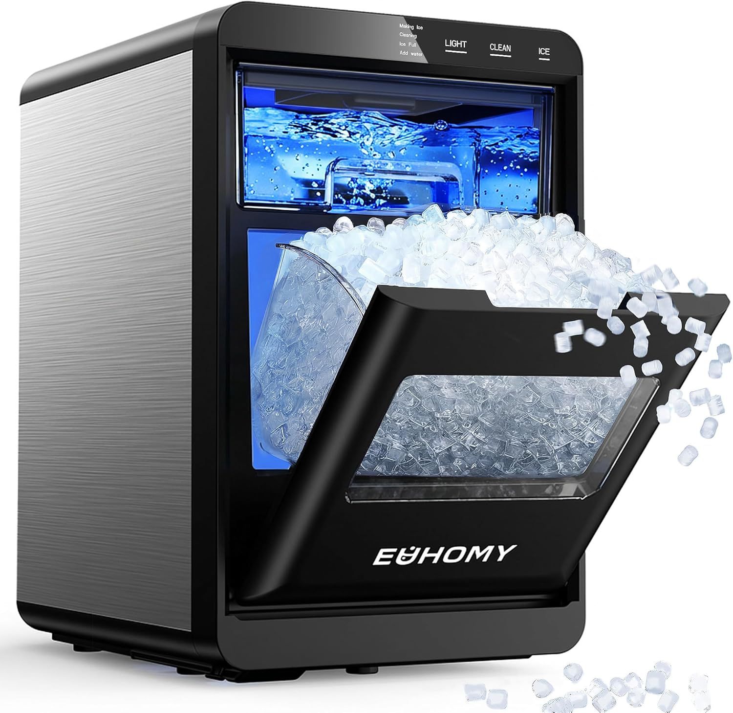 Demonstrates how the ice maker actively produces and dispenses ice, showing the internal mechanism with water and the dual storage bins filled with ice to communicate functionality and capacity.…