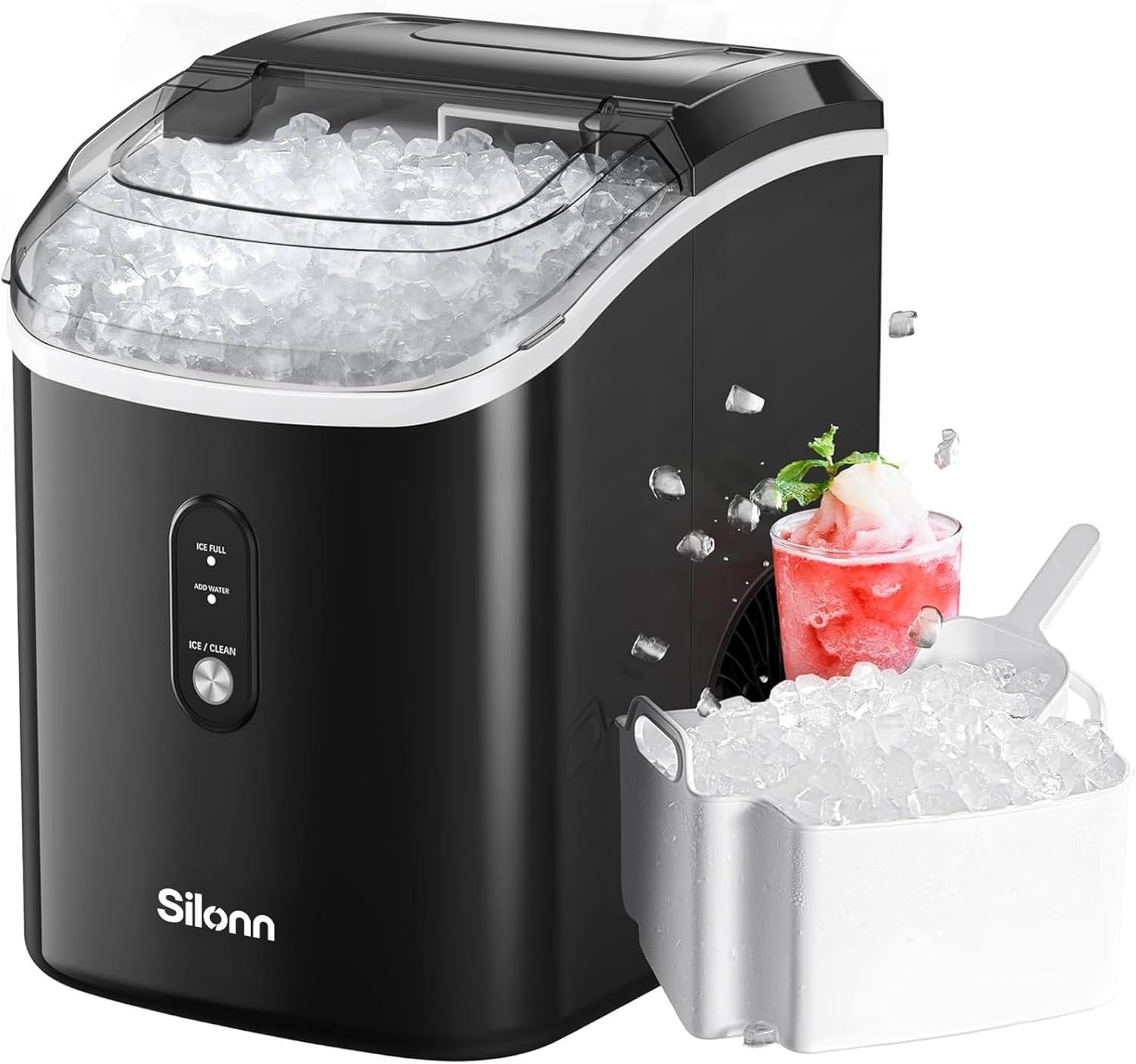 Shows the core ice maker product actively producing ice with a clear view of the ice storage basket and ice scoop, demonstrating what the product looks like and what it does. Uses floating ice cubes…