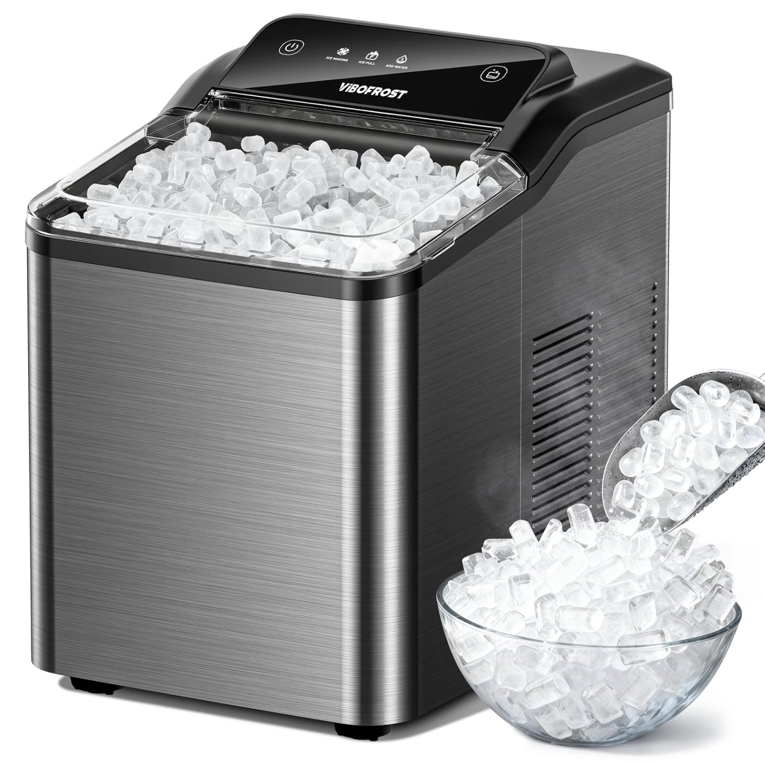 Shows the ice maker actively producing ice and demonstrates its output by displaying ice both in the machine's basket and being scooped into a bowl, communicating the product's core function and…