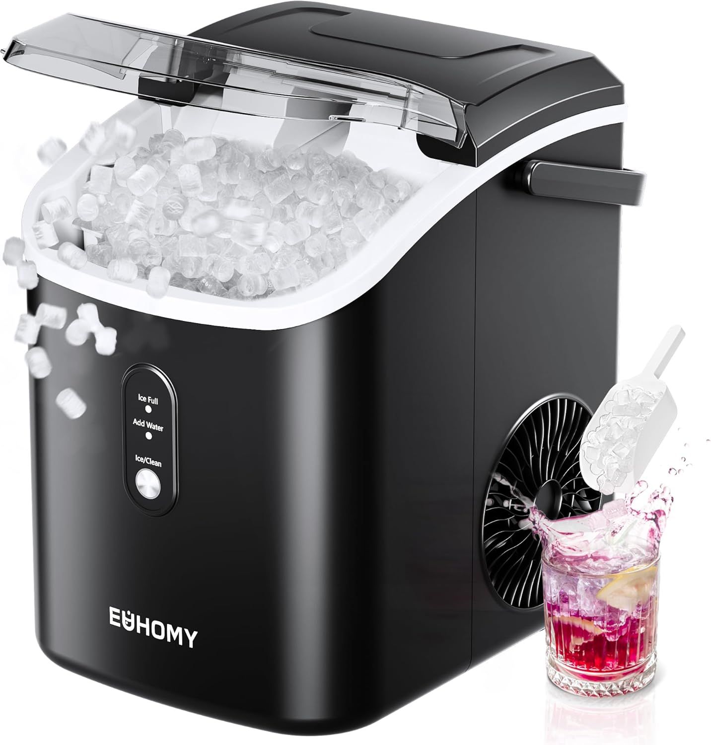 Demonstrates the ice maker actively producing ice with the lid open and shows the product in use with a scoop dispensing ice into a beverage, communicating how the product works and its practical…