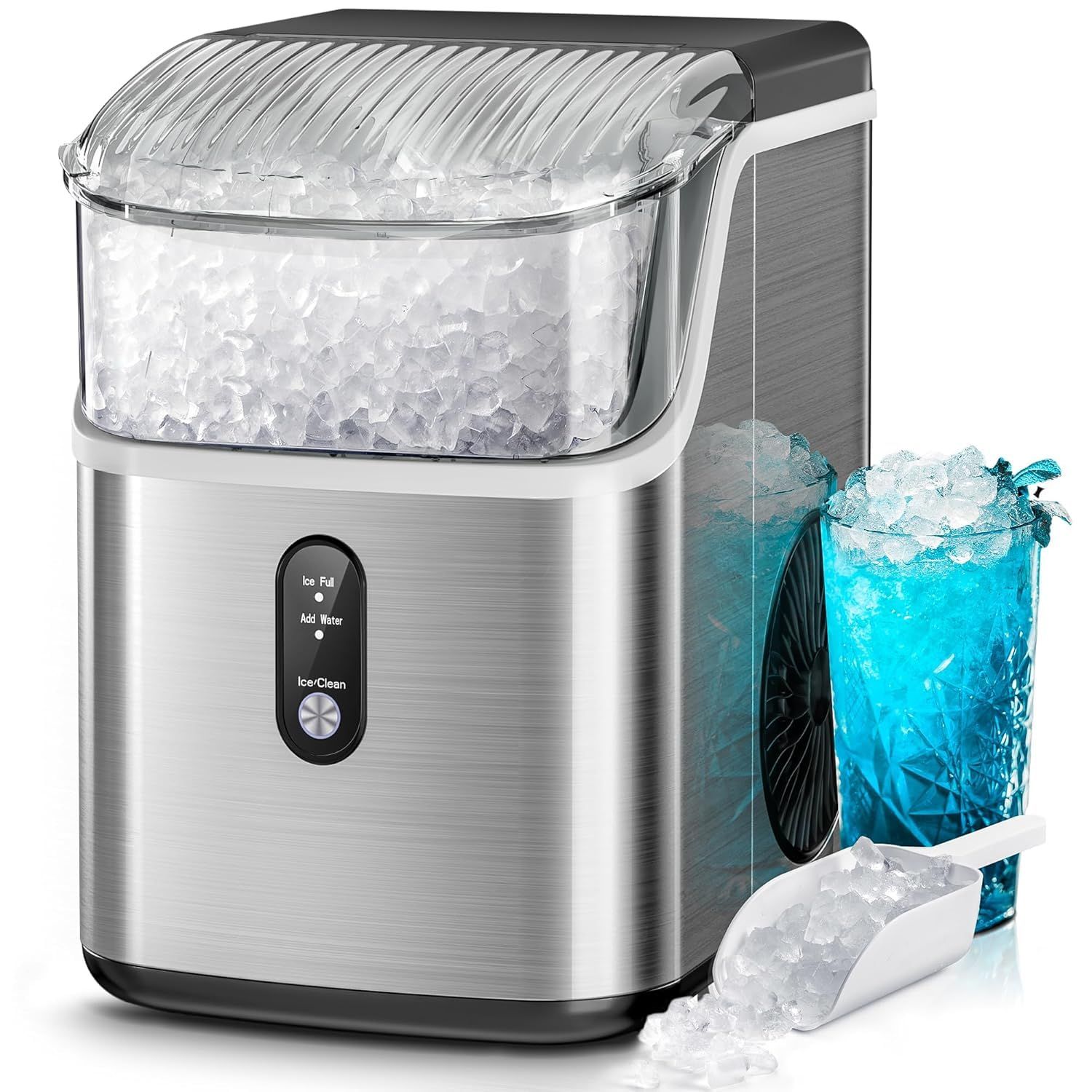 Shows the core product, an ice maker machine with visible ice storage basket and control panel, to communicate what the shopper is purchasing. Uses added visual elements including a blue cocktail…