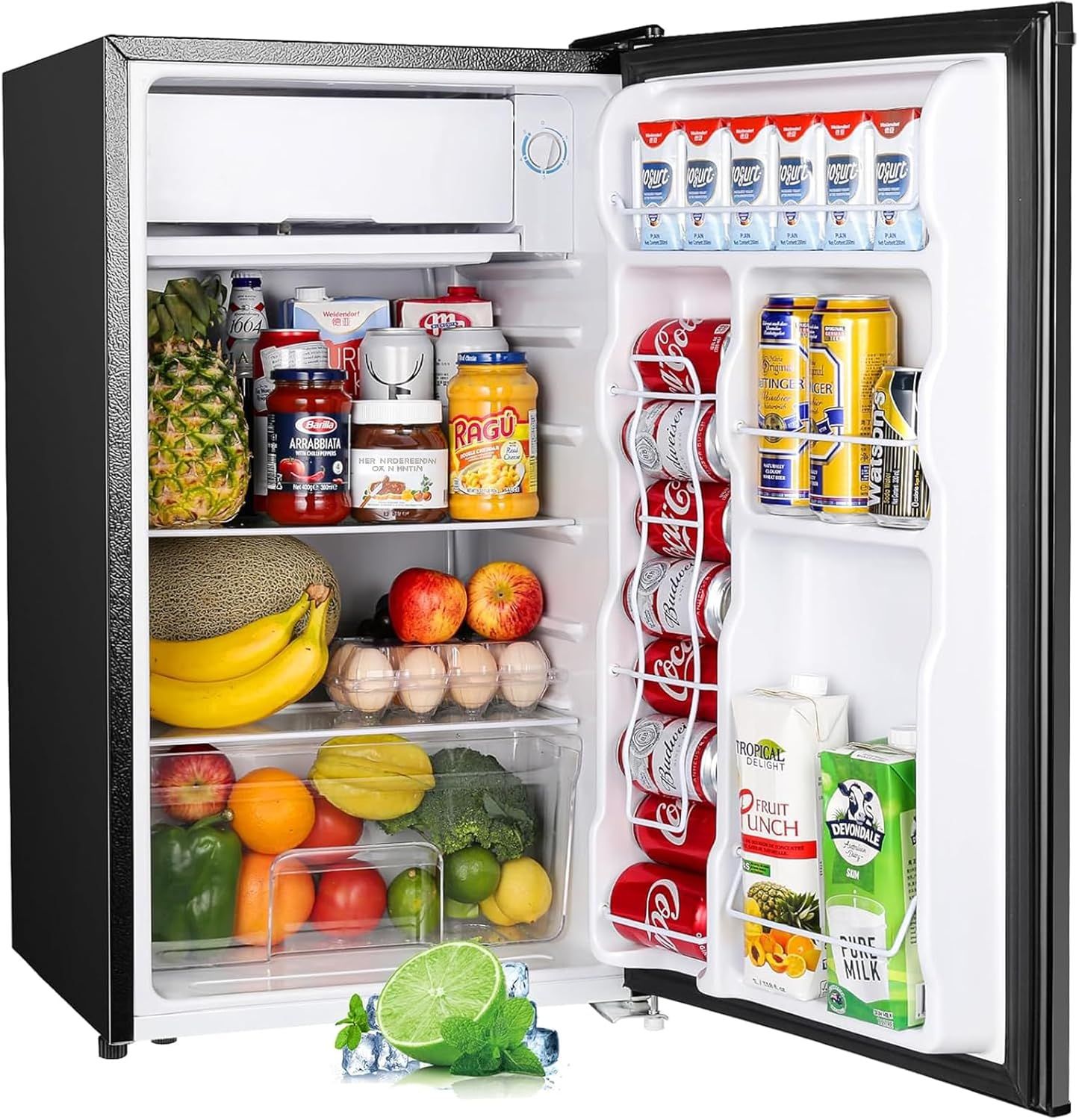 Shows the mini fridge fully stocked with food and beverages to demonstrate its storage capacity and practical use for dorms, offices, or small spaces. Demonstrates how the refrigerator functions in…