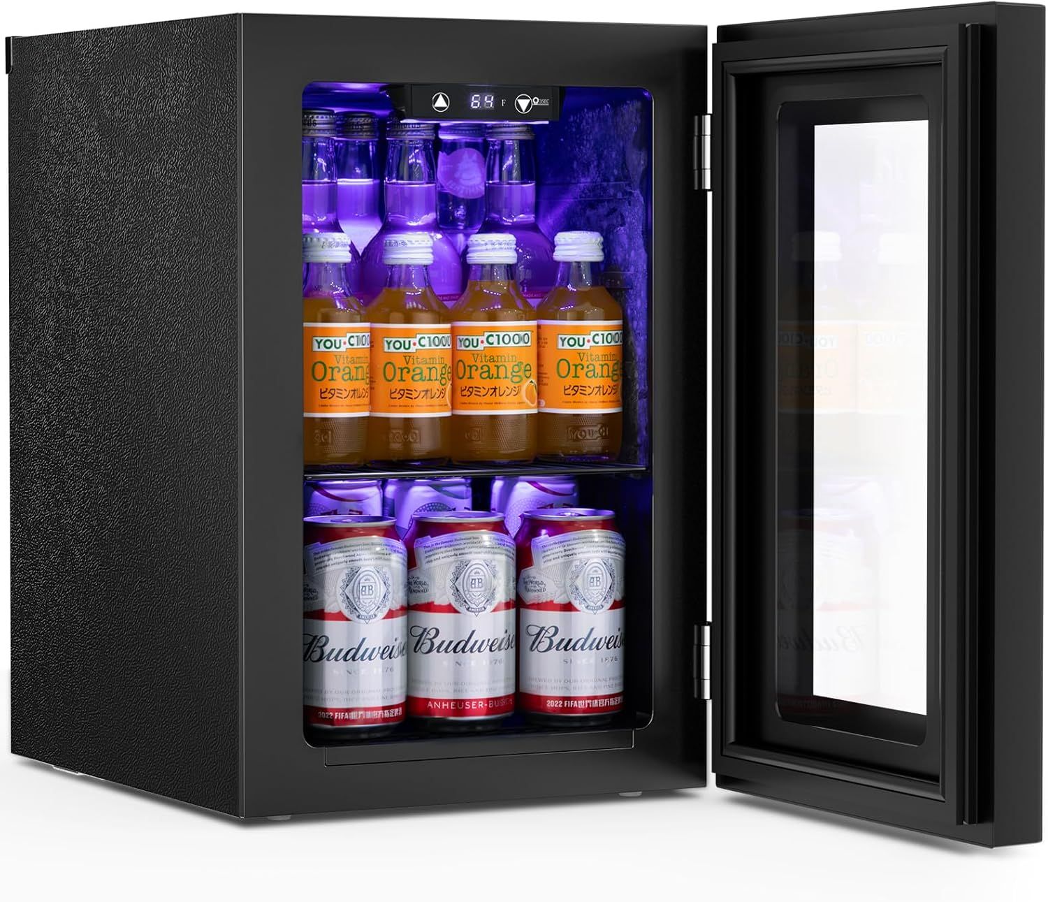 Shows the core product—a compact beverage cooler with a transparent glass door and illuminated interior—to communicate its design, capacity, and functionality for storing drinks. Demonstrates the…