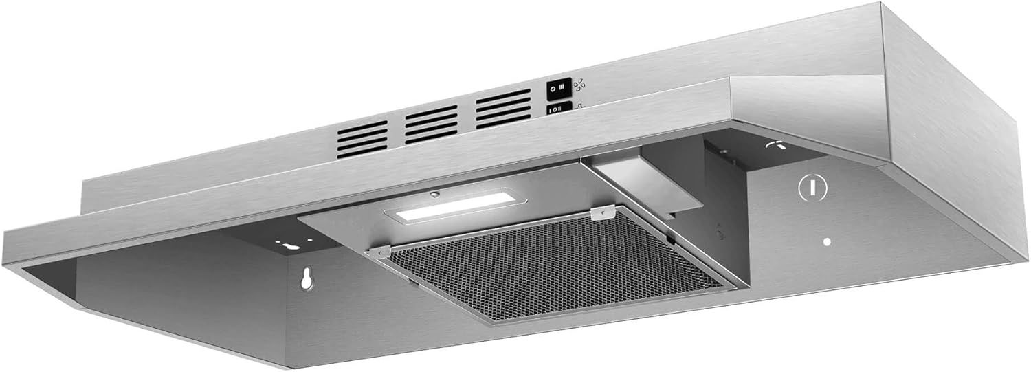 Displays the core product clearly in a catalog-style presentation to show the design, finish, and key features of the under-cabinet range hood.
