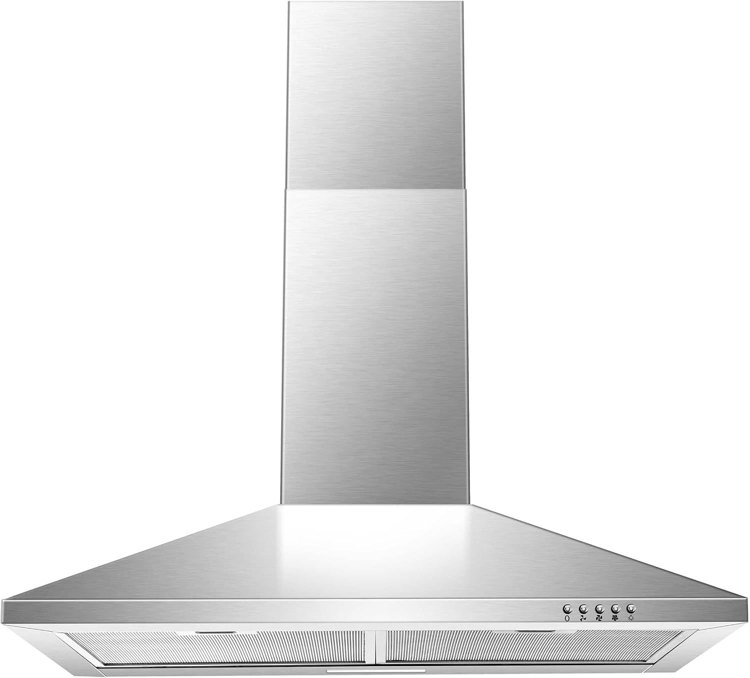 Displays the core product in a clean catalog style to show the stainless steel range hood's design and build quality.