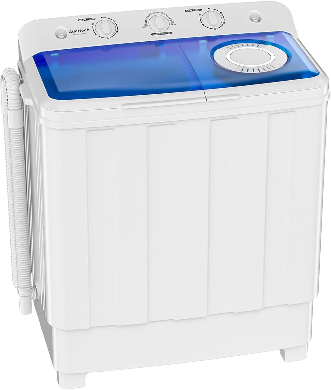 Displays the core product clearly on a white background to show the twin-tub design, control interface, and overall appearance of the portable washing machine.