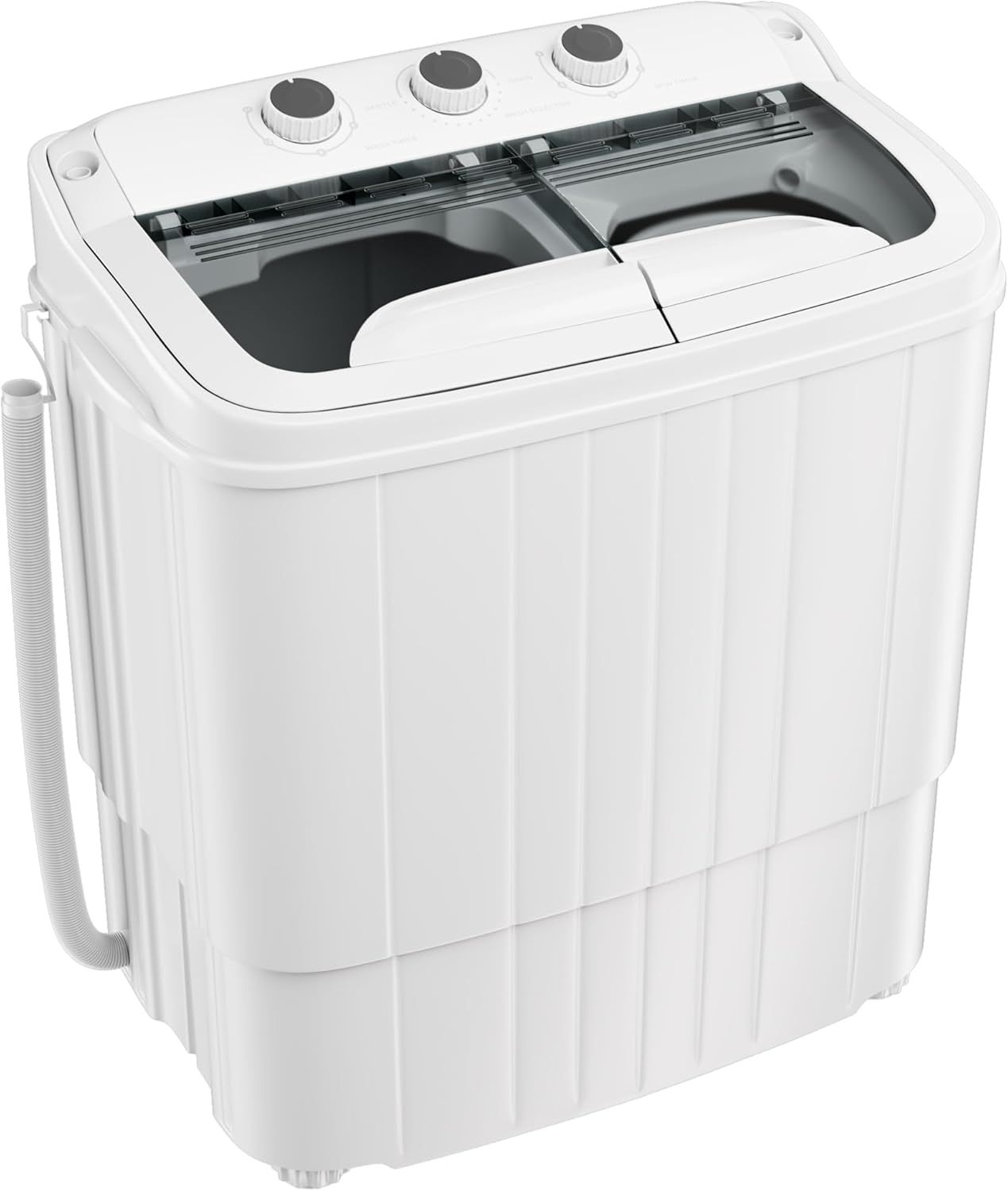 Displays the core product clearly on a white background to show the dual-tub washing machine design with control knobs and drainage hose, helping shoppers understand the product's form and basic…