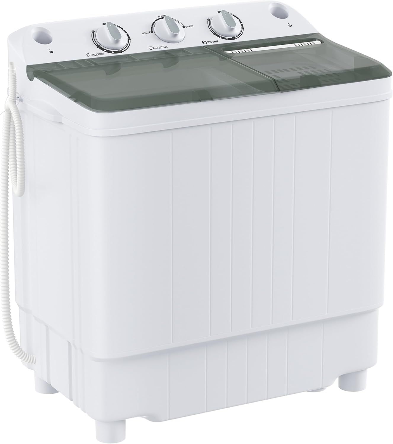 Displays the core product clearly on a white background to show the twin-tub washing machine's design, control knobs, and dual compartments for washing and spinning.