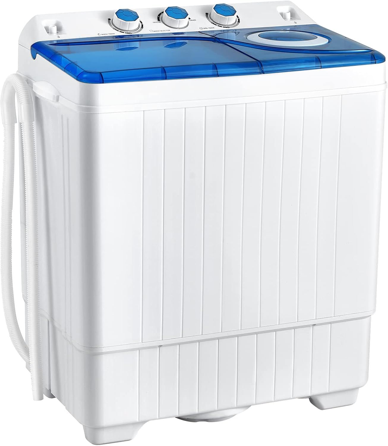 Displays the core product clearly on a white background to show the twin-tub washing machine's design, control knobs, and dual-compartment structure for washing and spinning.