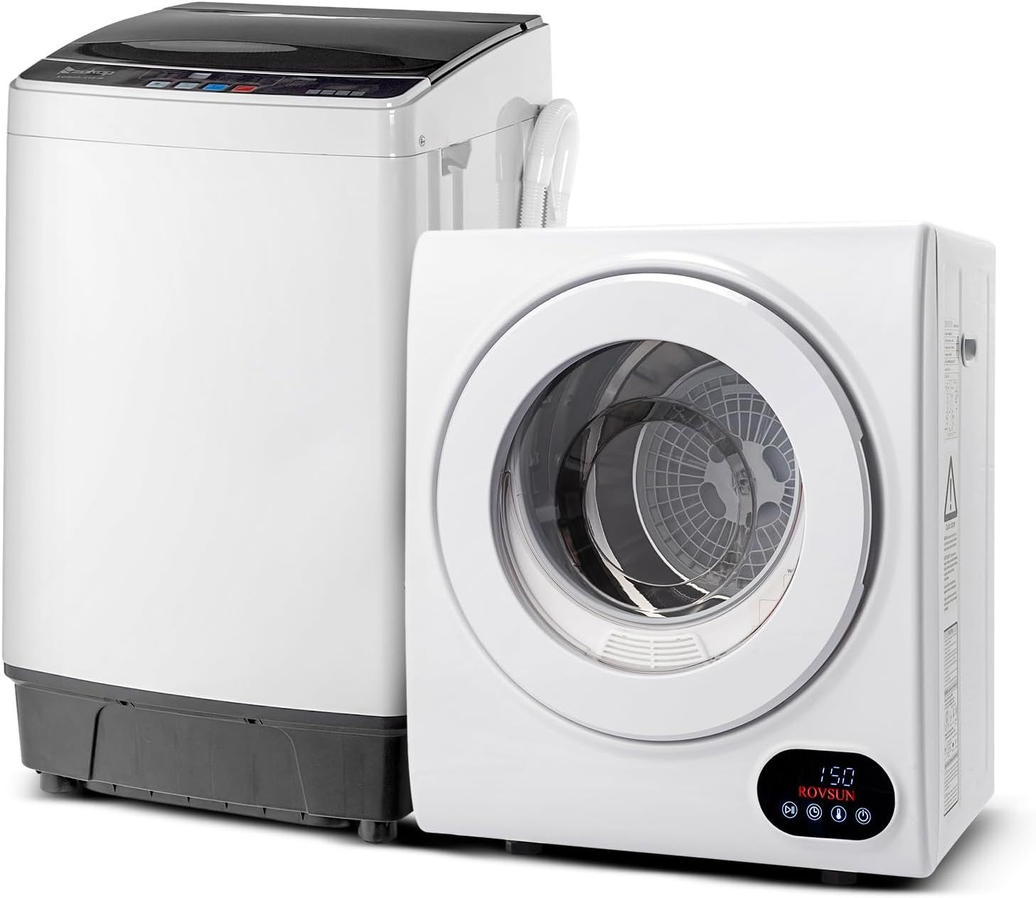 Displays the core sellable products - a portable washing machine and dryer combo - clearly showing both units together to communicate the complete laundry solution being offered.