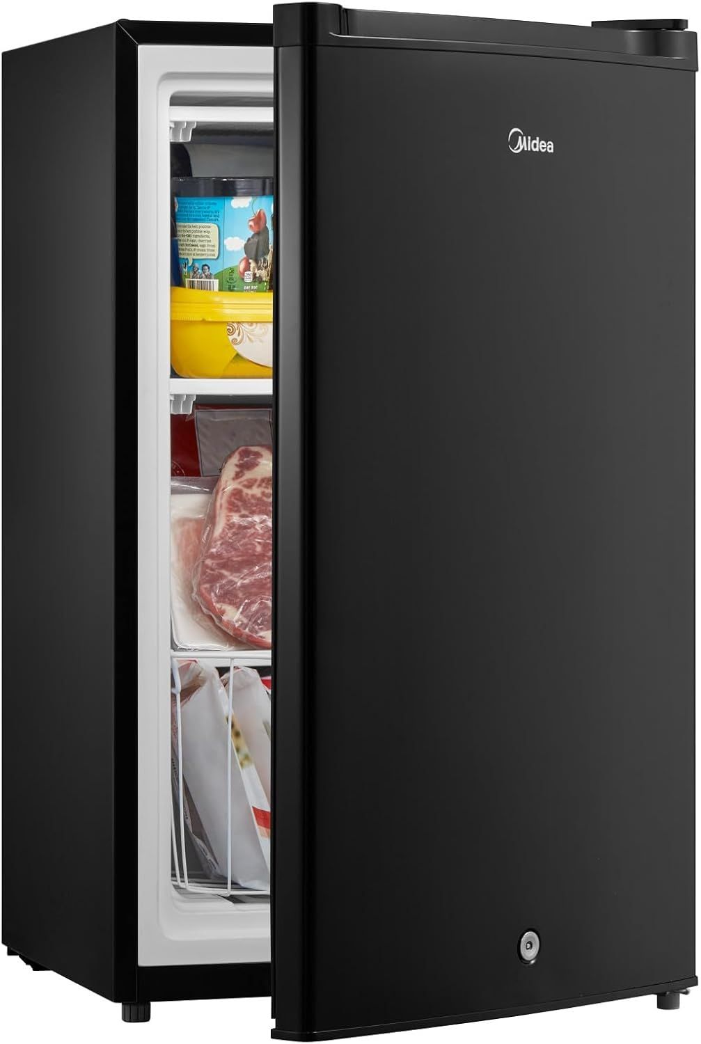 Demonstrates the refrigerator's functional storage capacity and interior organization by showing the door open with food items inside, helping shoppers visualize how they can use the product. Shows…