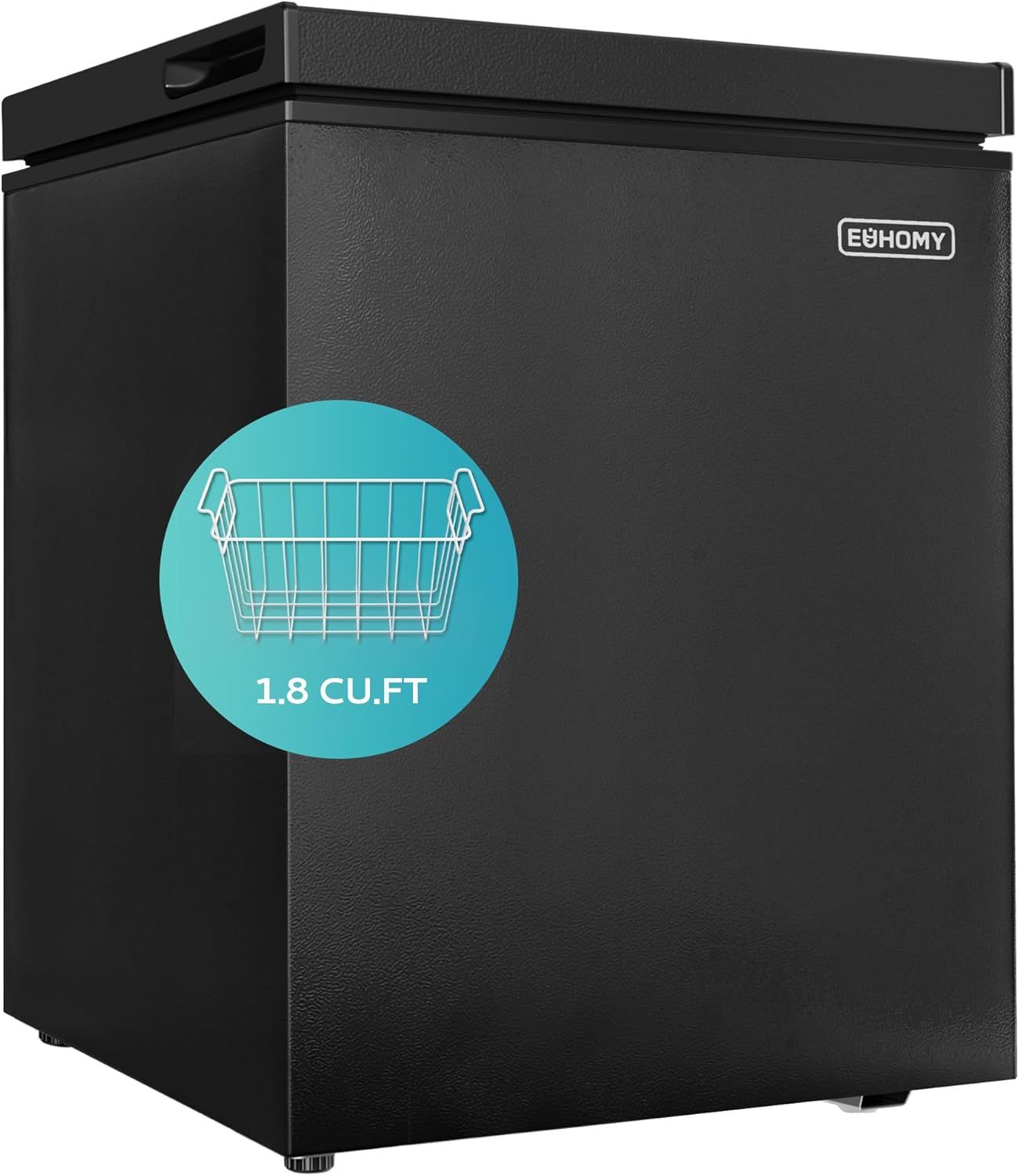 Displays the core product, a compact black chest freezer, clearly showing its size and design to help shoppers understand what they are purchasing. Highlights the 1.8 cubic feet capacity with a…