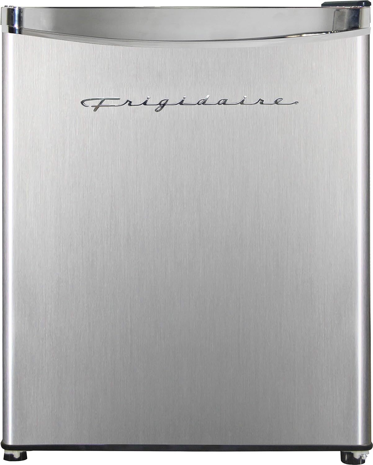 Displays the core product, a Frigidaire mini refrigerator with a clean stainless steel finish, to show shoppers exactly what they will receive.