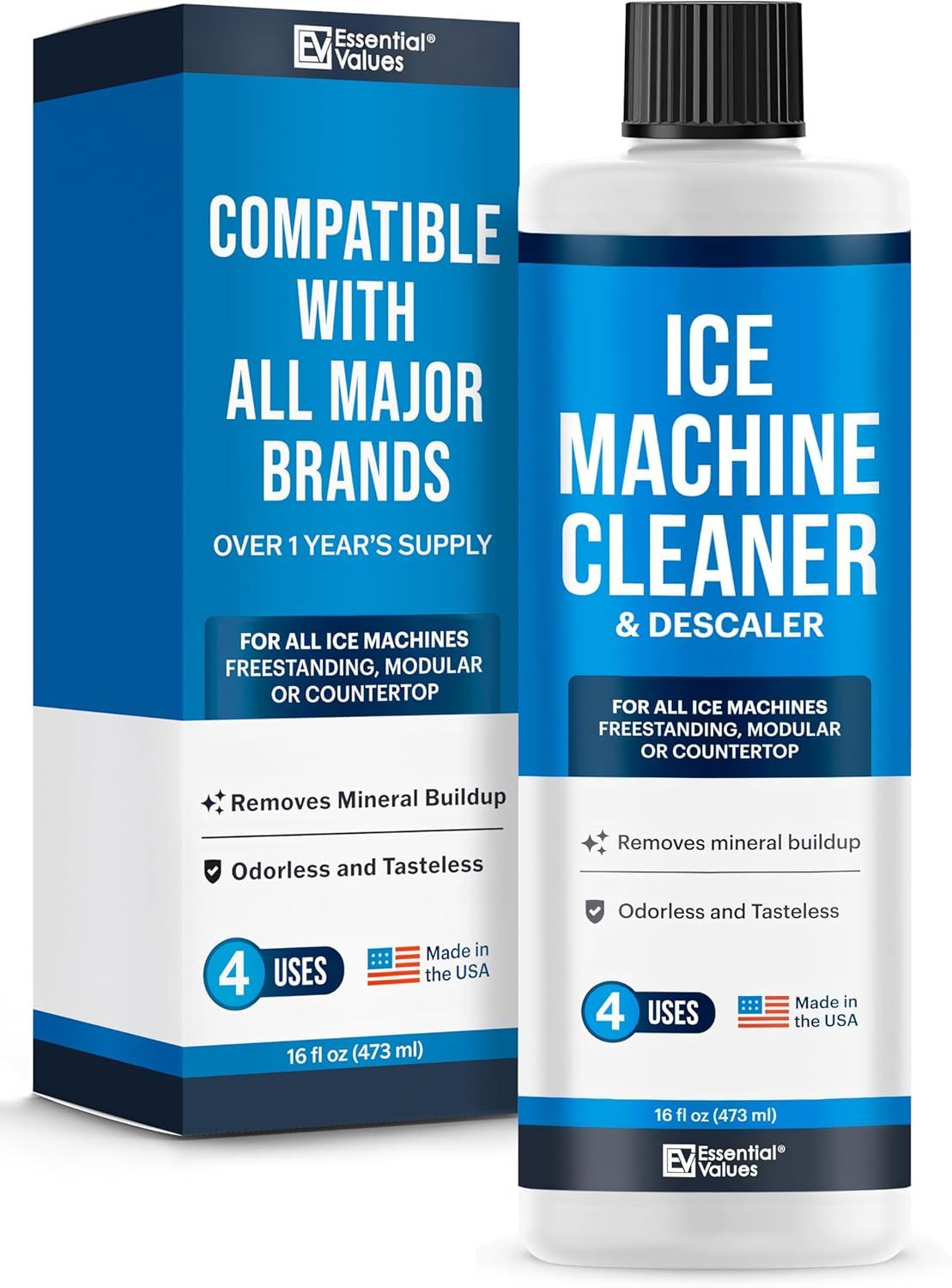 Displays the core product—a bottle of ice machine cleaner with its retail packaging—to show shoppers exactly what they will receive. Shows the physical retail box alongside the bottle to communicate…