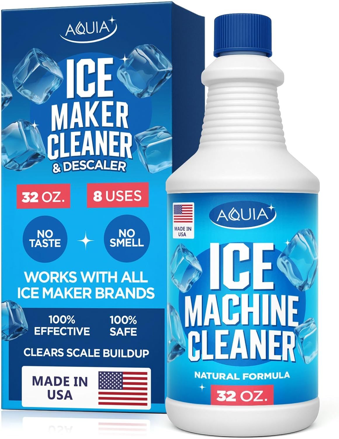 Shows the core product—a 32 oz ice machine cleaner bottle—alongside its retail packaging to communicate what the shopper will receive and the product's primary function as a cleaner and descaler.…