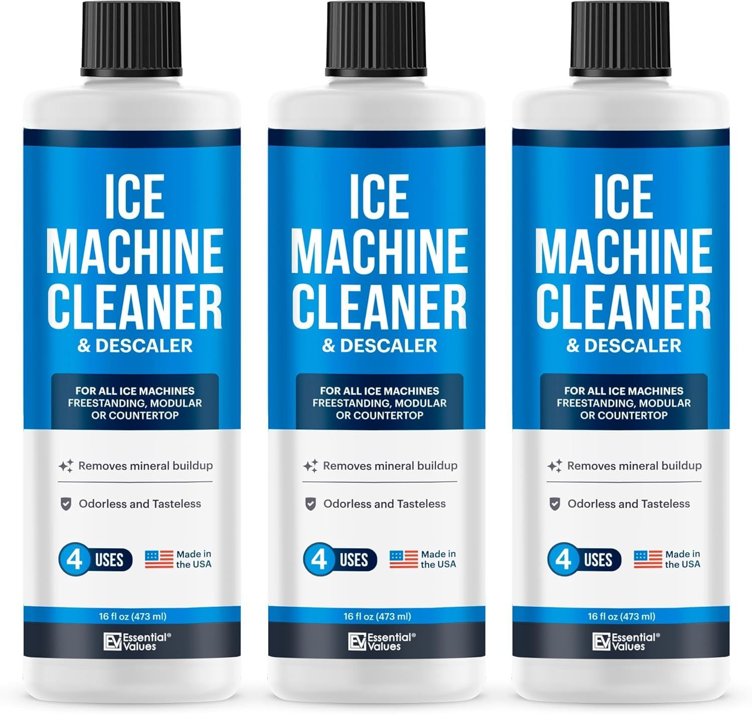 Shows the core product—three bottles of ice machine cleaner—clearly displayed to communicate what the shopper will receive. Uses subtle drop shadows beneath each bottle to ground the products and…