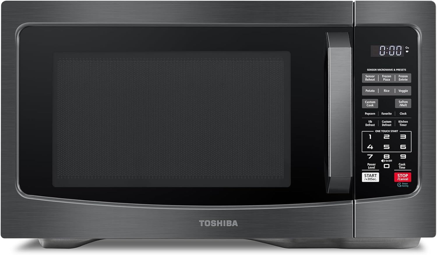 Displays the Toshiba microwave clearly showing its design, digital display, and comprehensive control panel with sensor cooking and preset options to help shoppers understand the product's features…