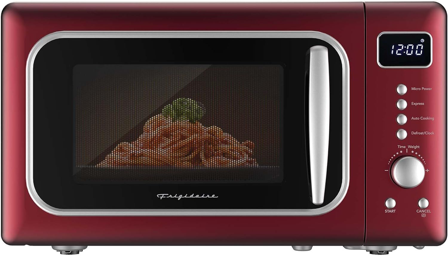 Showcases the microwave's retro-styled burgundy exterior with modern features like digital display and preset cooking buttons to communicate both aesthetic appeal and functional versatility.…