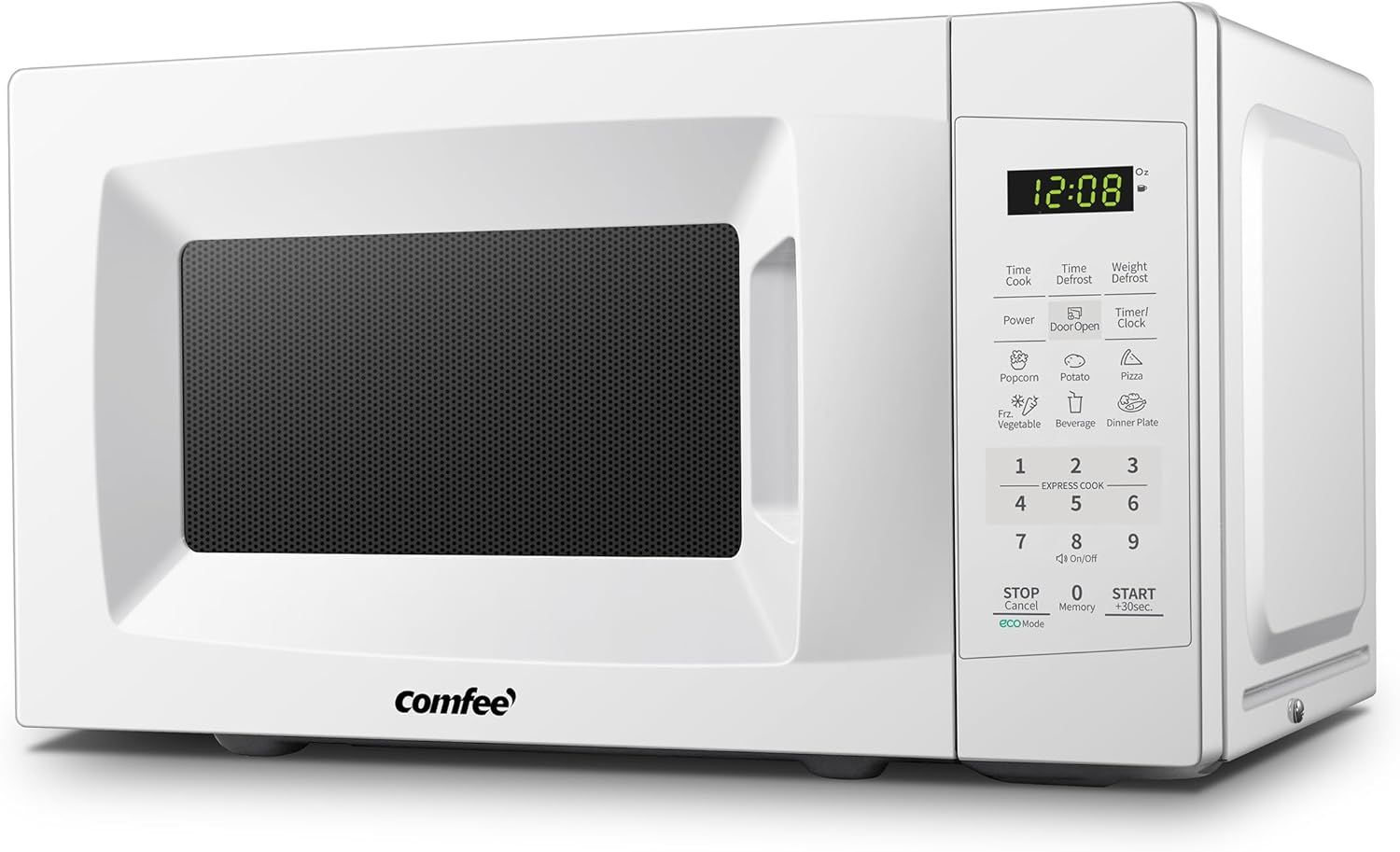Displays the core product, a white Comfee microwave, clearly showing its design, control panel with preset functions, and digital display to help shoppers understand what they are purchasing.