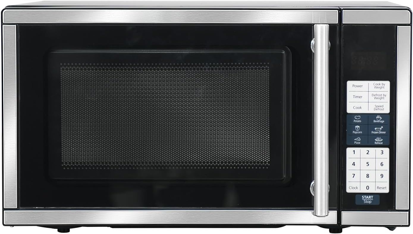Displays the core product clearly in a catalog-style presentation, showing the front view with door window and full control panel to help shoppers understand the design and features of the microwave.
