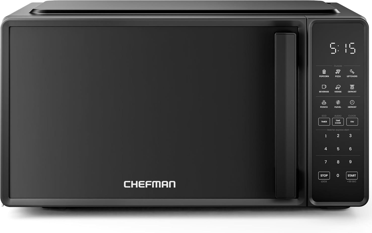 Displays the microwave as the core product with clear visibility of its digital control panel and preset cooking functions to communicate ease of use and modern features.