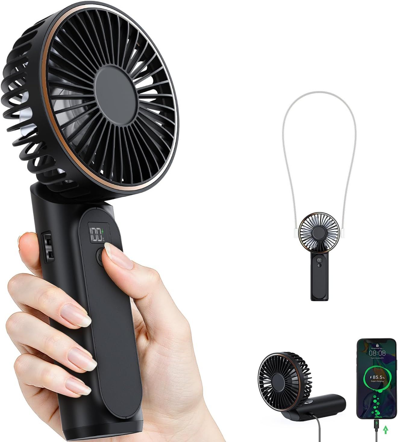Shows the core product—a handheld portable fan—in multiple views and configurations to communicate its versatility and portability for on-the-go cooling. Demonstrates how the fan is held and…