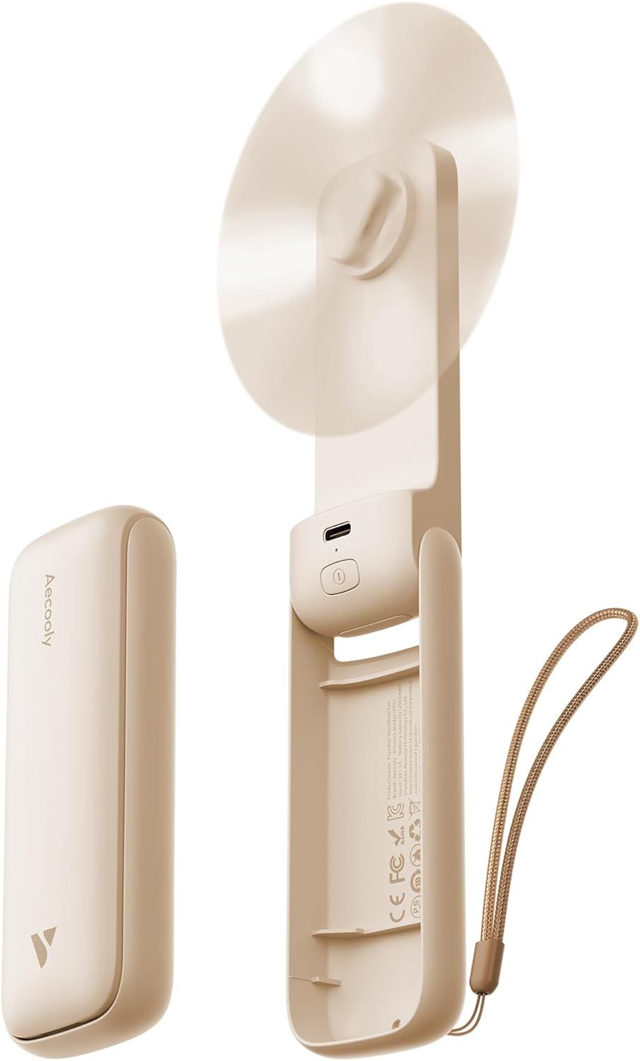 Shows the core product - a portable handheld fan with its charging case and wrist strap - to communicate what the buyer will receive and demonstrate its compact, travel-friendly design. Displays the…