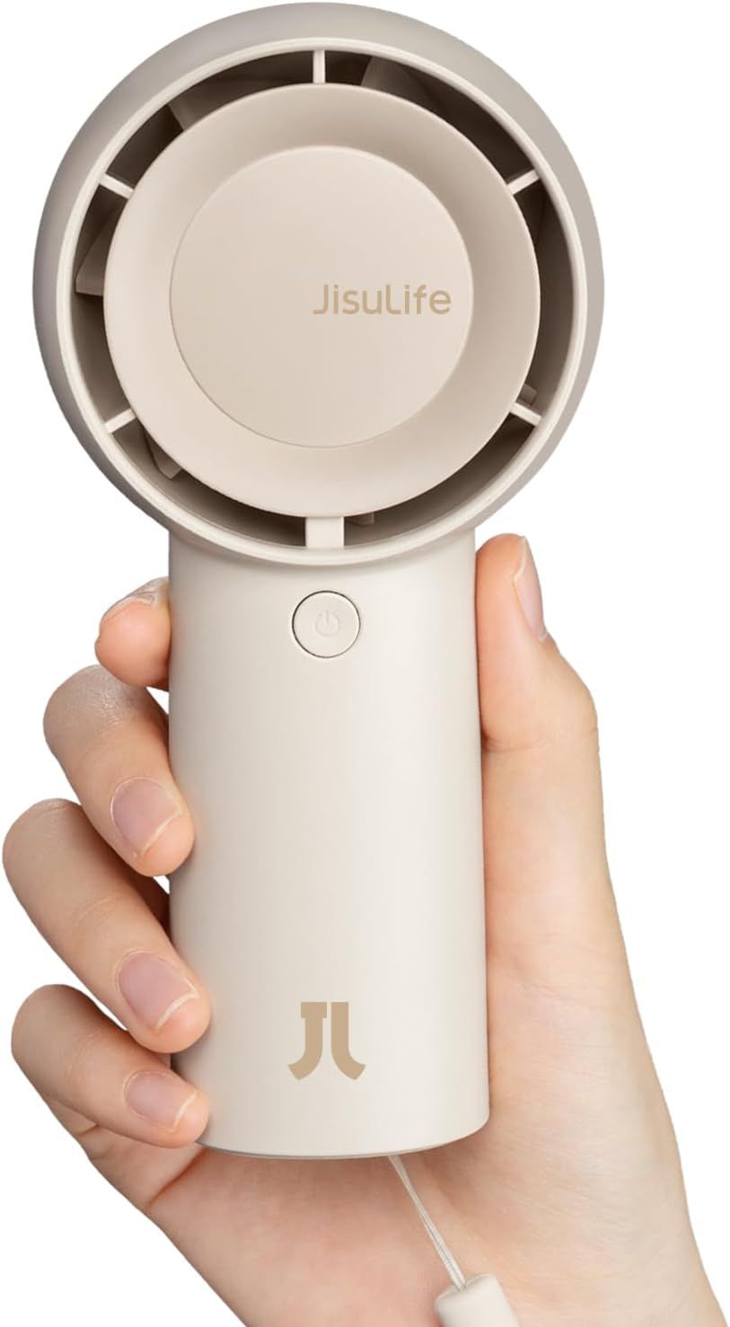 Shows the core product clearly with its circular fan design and branding to help shoppers understand what they are purchasing. Demonstrates the compact size and portability of the fan by showing it…