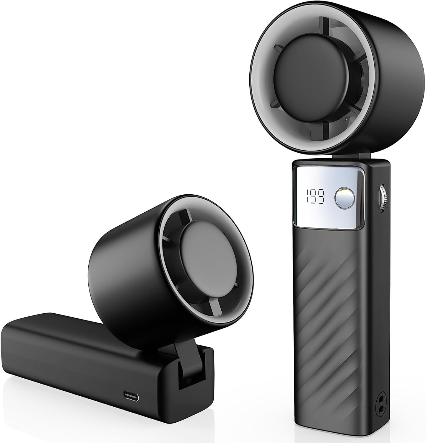 Shows the core product in a clean catalog presentation to communicate its modern bladeless fan design, digital controls, and compact handheld format with charging base. Demonstrates that the product…