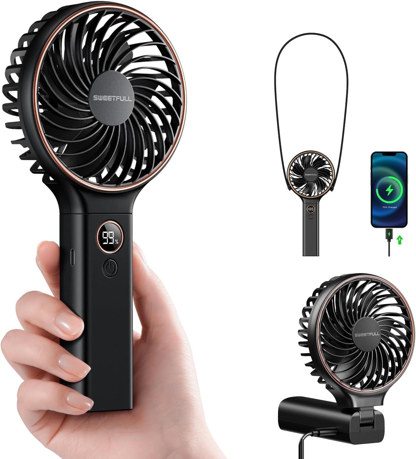 Shows a person holding the portable fan to demonstrate its compact, handheld design and ease of use, reassuring shoppers about its portability and comfortable grip. Displays different configurations…