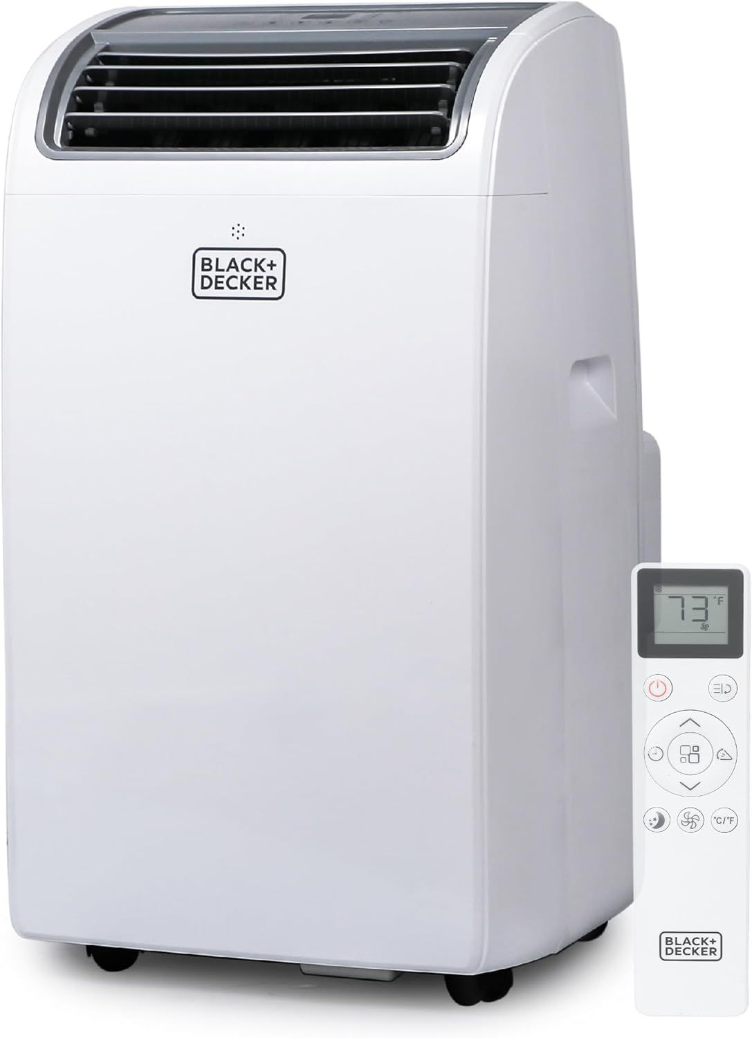 Displays the core product clearly on a white background to show the portable air conditioner unit and its included remote control, allowing shoppers to see the design, brand, and key features like…