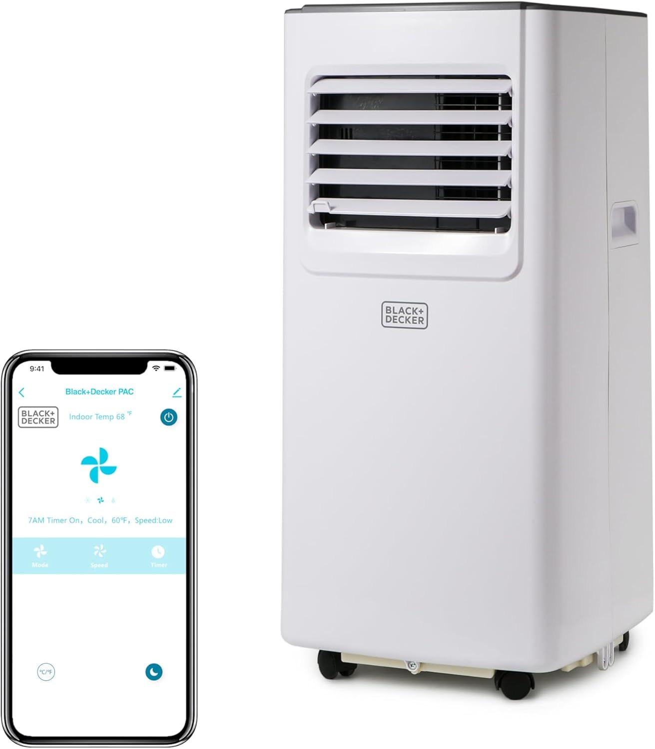 Shows the portable air conditioner alongside its smartphone app interface to communicate that the product can be controlled remotely via mobile device, offering convenience and modern connectivity.…