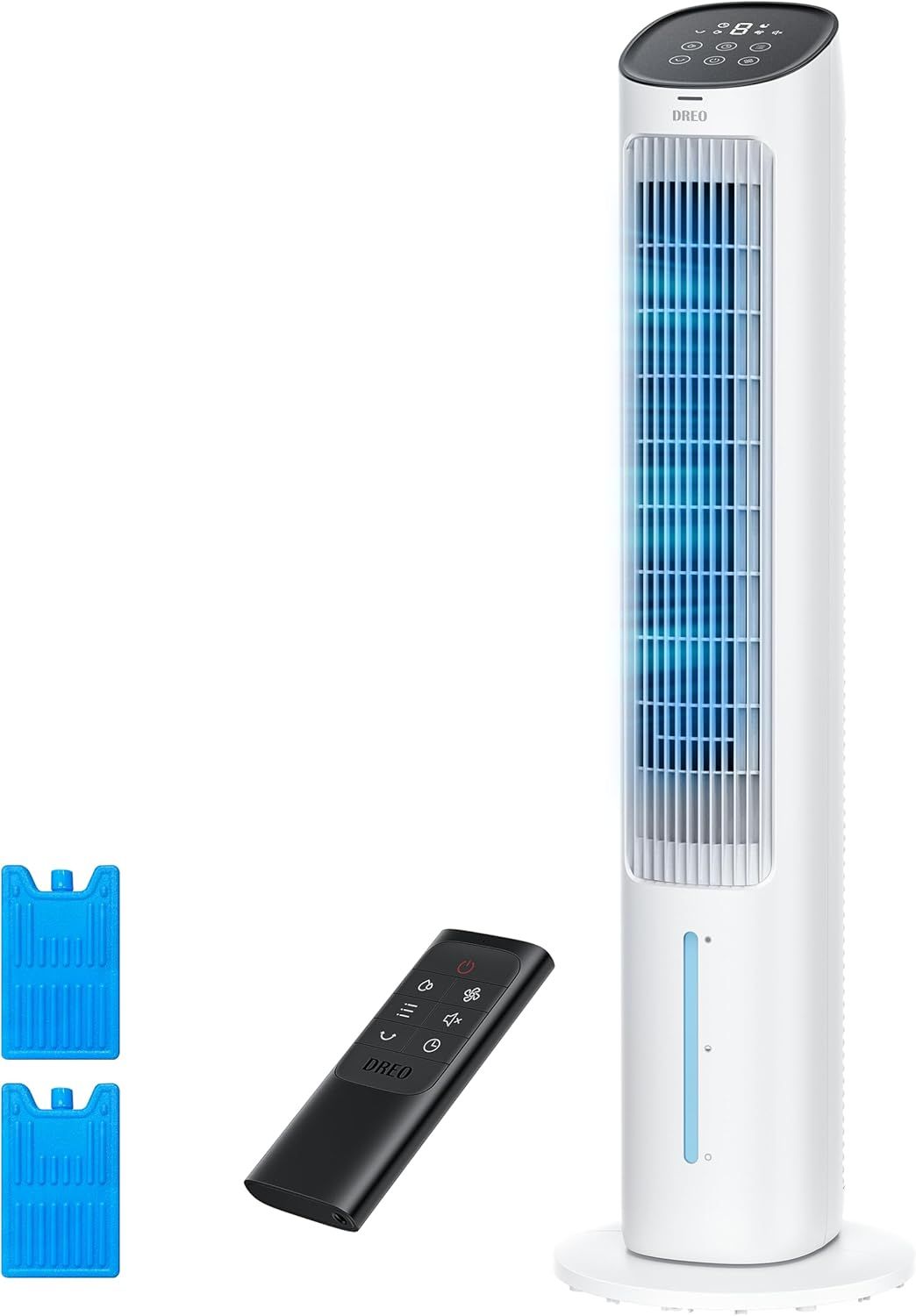 Displays the core product, a tower fan with digital control panel, to show shoppers what they will receive. Shows the included accessories that come with the fan, including a remote control and two…