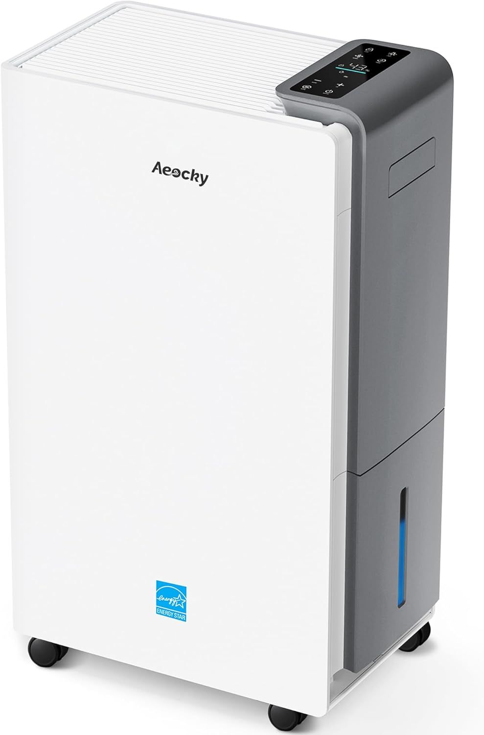 Shows the core dehumidifier product with its modern design, digital controls, and mobility features to help shoppers understand what they will receive.