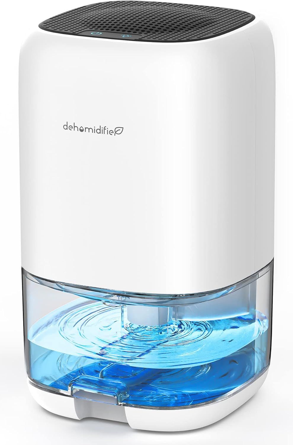Shows the dehumidifier product clearly with its transparent water collection tank visible, allowing shoppers to see the water capacity and understand how the product collects moisture. Demonstrates…