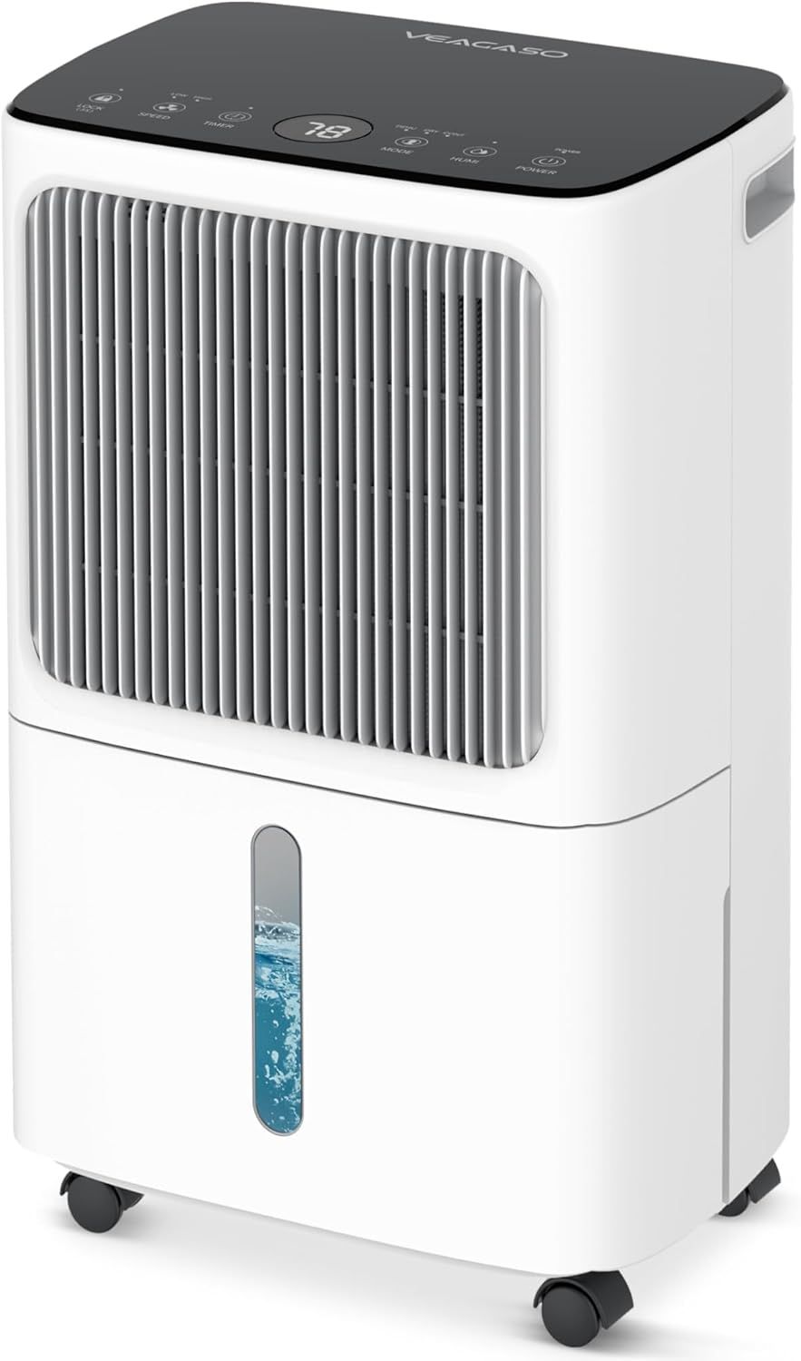 Shows the core dehumidifier product with its key features including the transparent water level window, digital control panel, and mobility wheels to communicate functionality and convenience to…