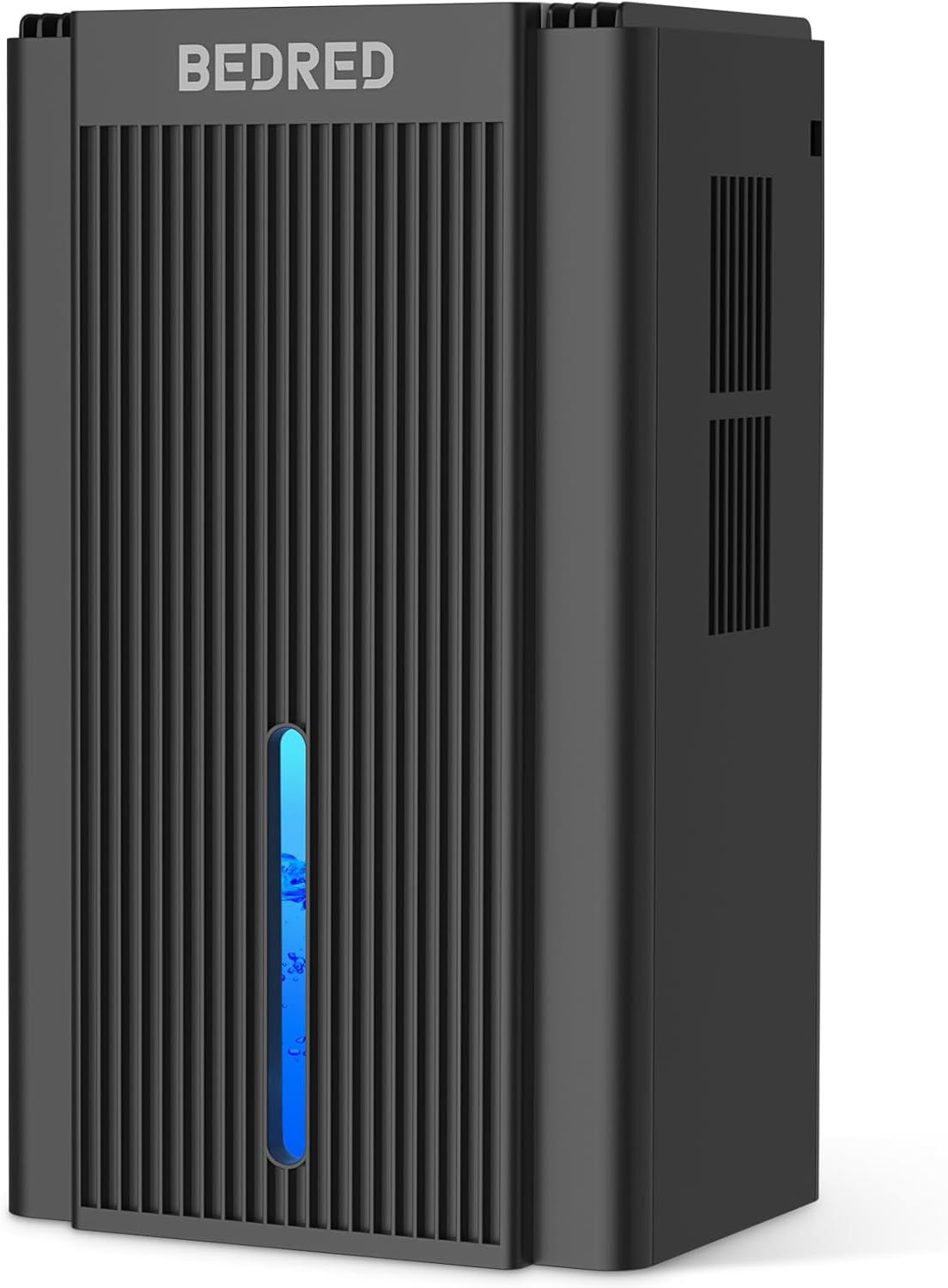 Shows the core product with its distinctive vertical ventilation grilles and illuminated water level window, communicating the device's functional design and operational status visibility. Uses a…
