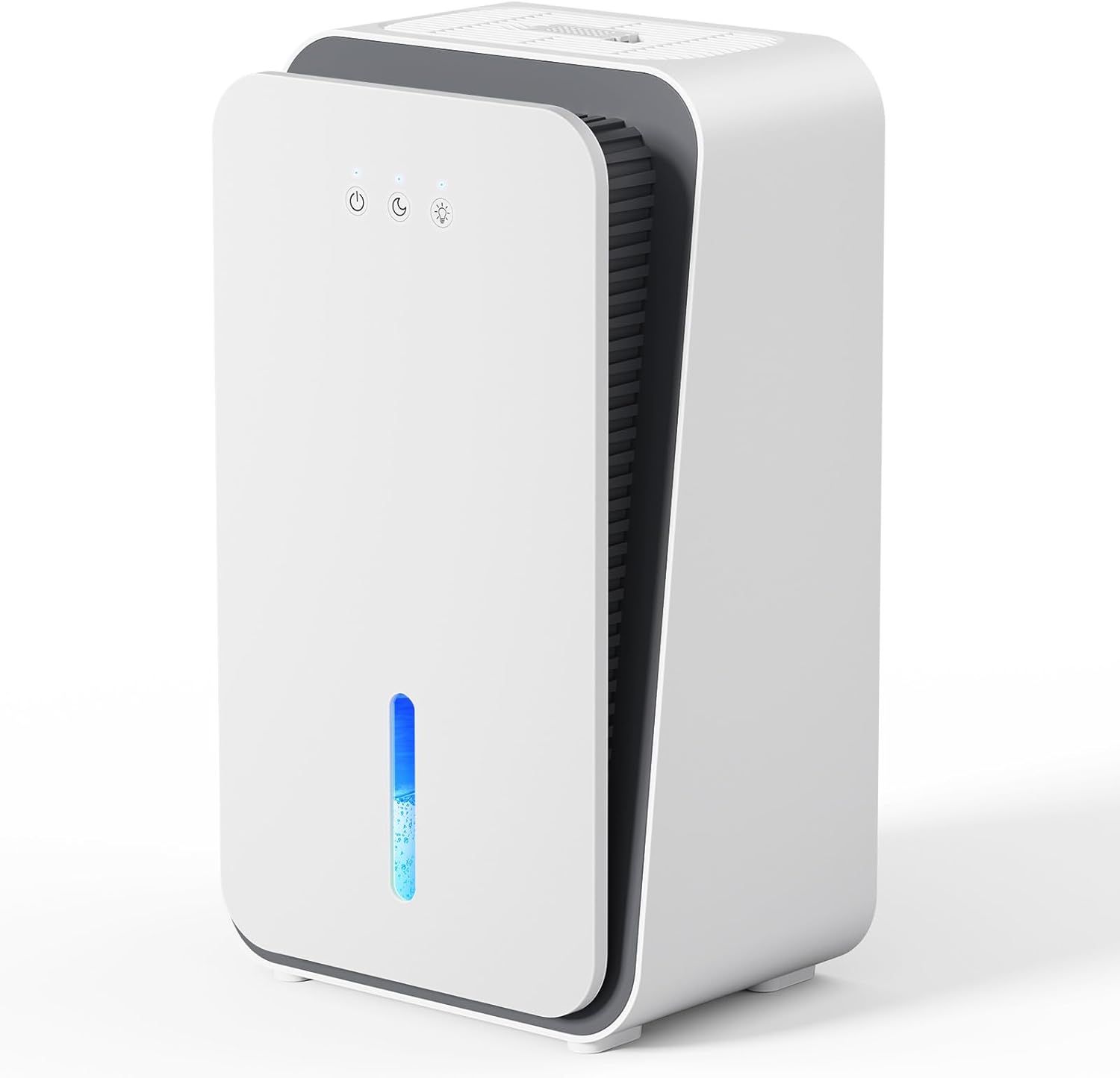 Shows the dehumidifier product in a clean catalog style to communicate its modern aesthetic and visible water level indicator feature.
