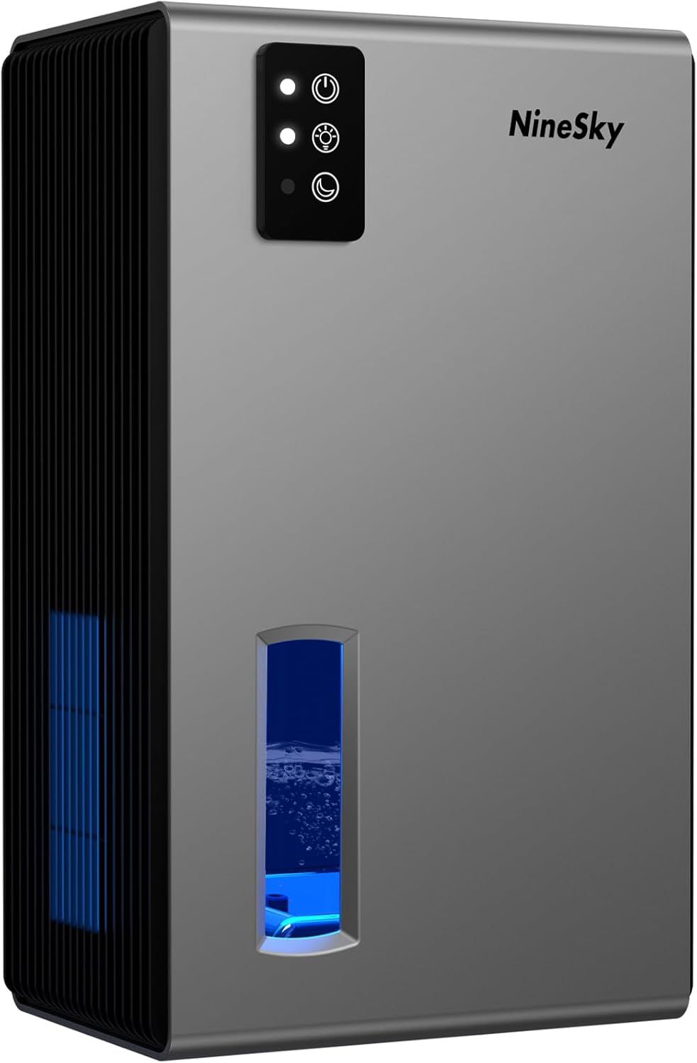 Shows the core humidifier product with its key design features including the transparent water level window with blue LED lighting, control buttons, and ventilation system to communicate…