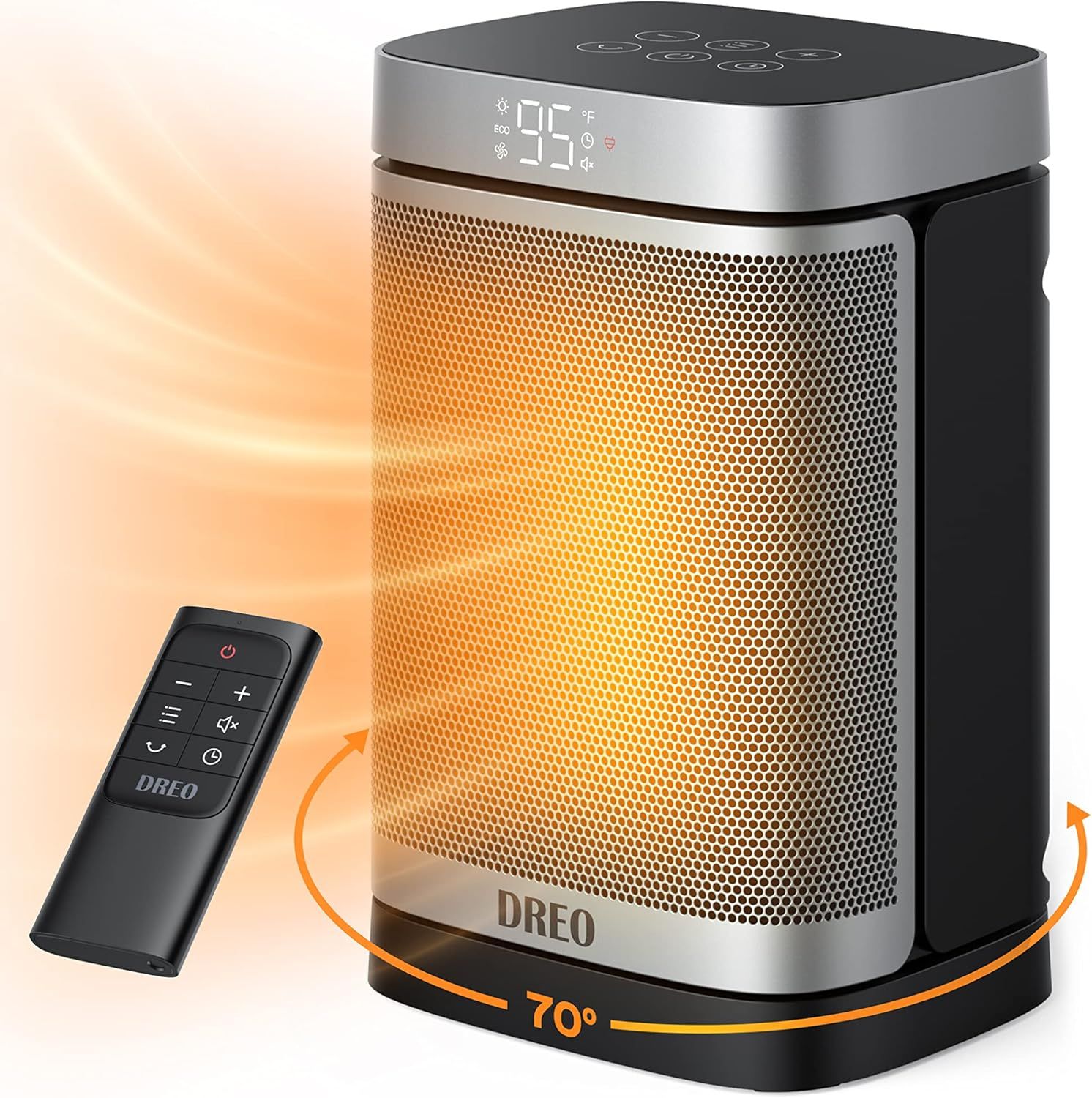 Shows the core product—a modern space heater with digital temperature display, touch controls, and included remote—to communicate its design, features, and functionality to potential buyers.…