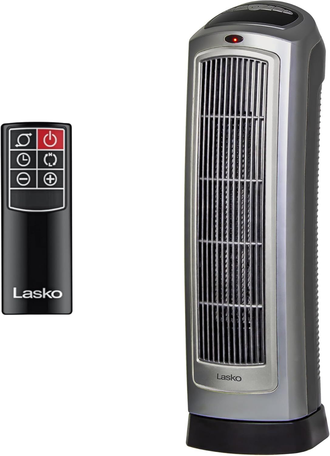 Displays the core product clearly on a white background to show the heater unit and included remote control, allowing shoppers to see what they will receive. Shows that a remote control is included…